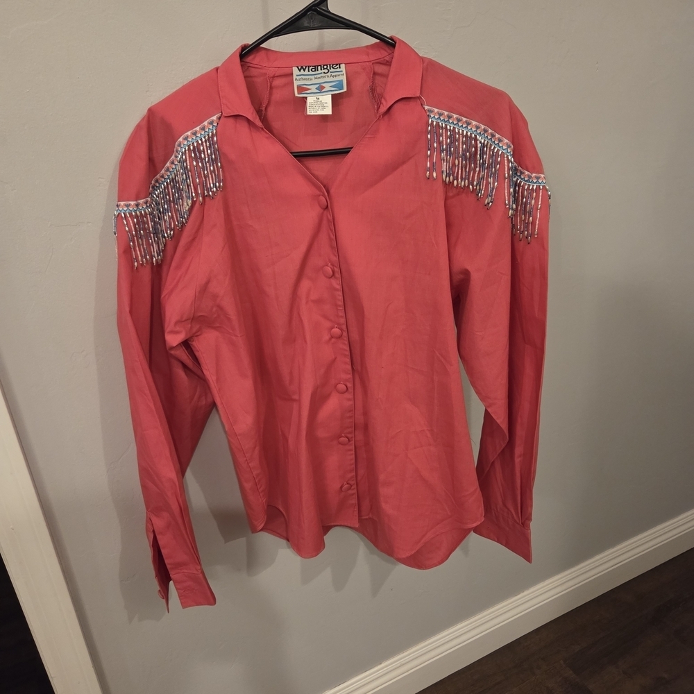 vintage red Wrangler Western-style shirt featuring beaded fringe on the shoulder